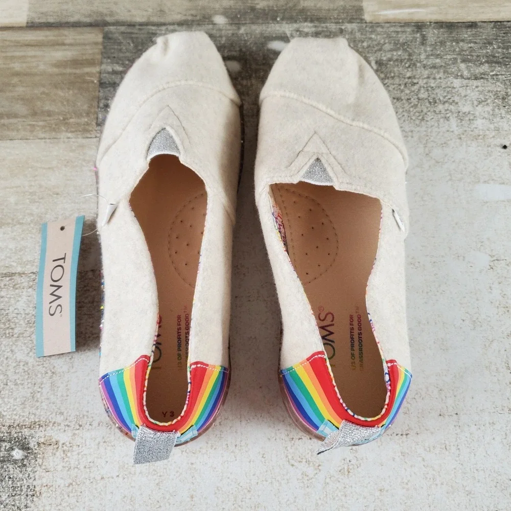Toms Aclass Esp Kids Loafer Sz 3 Multi Rainbow Heel & Glittery Sole Slip On Flat